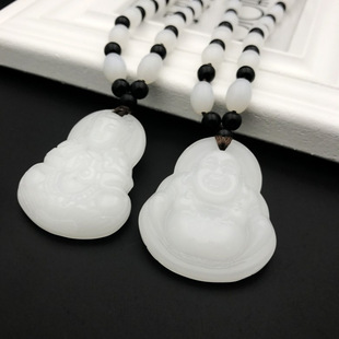White Jade Large Guanyin Maitreya Buddha Necklace for Men and Women Couple Benmingfo Laughing Buddha Adjustable White Jade Necklace