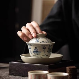 Vintage Blue and Flower Tea Set Quick Guest Cup Kung Fu Cover Bowl Tea Maker Portable Tea Cup Storage Travel Small Set Gift