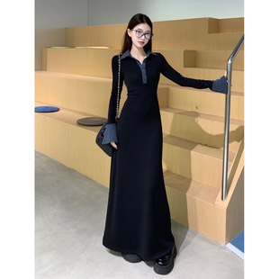 Korean Style Black Polo Collar Knitted dress Women's Autumn and Winter Coat with Slim-fit Waist Elegant Base Long Skirt