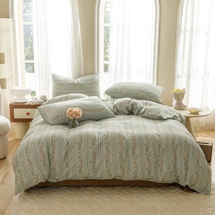 Small Fresh Type A Mother and Infant Grade Cotton Double-layer Yarn Printed Four-piece Set Small Floral Cotton Three-piece Set Bedding