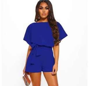 Ebay Aliexpress Amazon Summer Hot Sale Shorts Fashion Solid Color Belt Short Sleeve Jumpsuit