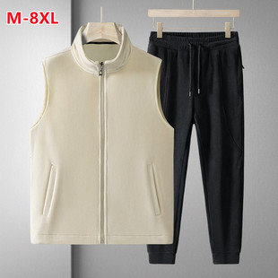 M-8XL polar fleece casual sports suit men's autumn and winter fleece-lined warm two-piece set stand collar vest sports trousers