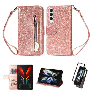 Applicable to Samsung zfol4 folding screen zipper wallet mobile phone leather case zfol3 card flash pink lanyard protective case