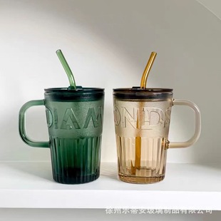 High-Looking Glass Cup with Lid, Straw, Portable Cup, Women's Drinking Cup, Large-Capacity Handle Cup, High-End Cup