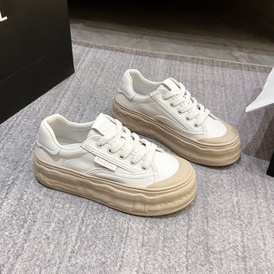 Dissolved Shoes Women's 2024 Spring New Genuine Leather Thick-soled Student Sports Casual Board Shoes Round-toe Shallow Mouth White Shoes