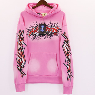 American Street Fashion Brand Unicorn Arm Flame Logo Printed Washed and Distressed Loose Hooded Sweatshirt Hoodie Set
