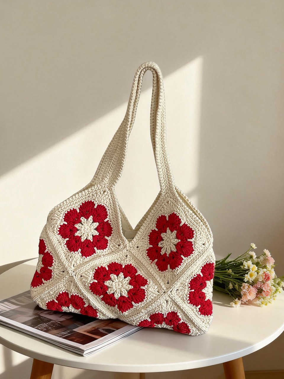 Sunflower cotton rope crocheted bag, new summer style, perfect for beach vacations, large capacity shoulder bag.