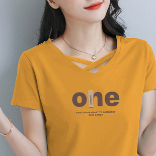 Pure Cotton V-neck Short-sleeved T-shirt Women's Summer Thin Korean-style Printed Loose Large Size Chubby Girl's Shoulder Half-sleeved T-shirt Trendy Top