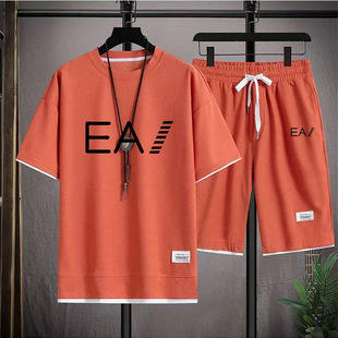 waffle short-sleeved summer t-shirt men's leisure sports suit wholesale loose fake two-piece short-sleeved t-shirt two-piece set