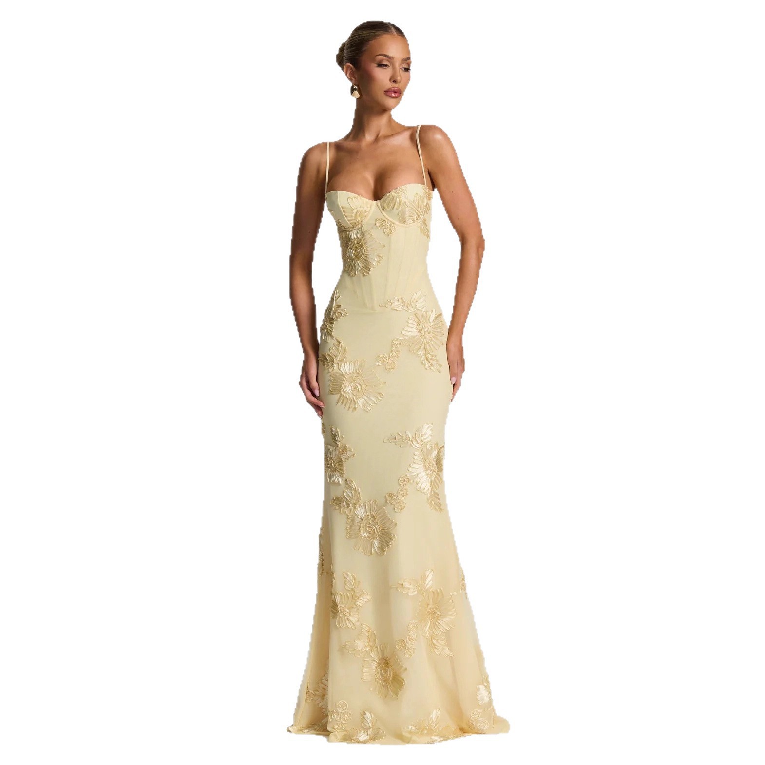 Flower-Decorated Evening Dress for Women, Classy Banquet Wear, Elegant Suspender Dress, Slim French Backless Solid Color Long Dress