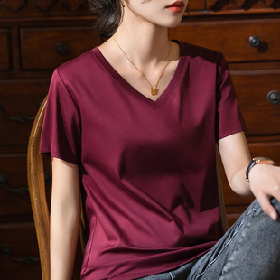 80 Double-sided Mercerized Cotton Short-sleeved T-shirt Women's 2023 New Women's Elegant V-neck Cotton T-shirt Belly Covering Top