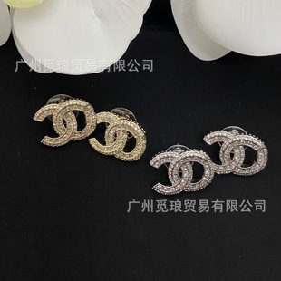 On the version of the real shot Xiang home double C small Xiang wind full diamond square diamond earrings female Xiang grandma fashion high version earrings wholesale