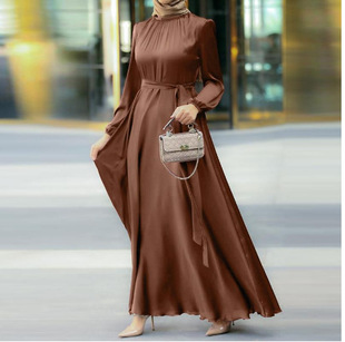 2023 Amazon AliExpress New Lantern Cuff Crewneck Loosening Waist Belt Long dress