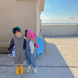 Korean Children's New Spring and Summer Strapped Pants for Boys and Girls Baby Vertical Stripe Pants Bucket Style Trendy Pants