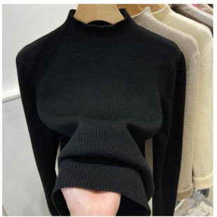 Winter fleece-lined thickened knitted bottoming shirt women's one-piece velvet half turtleneck pullover warm inner Top solid color
