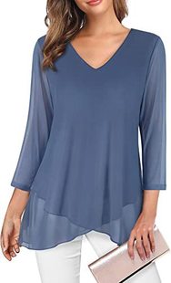 2023 cross-border women's formal wear three-quarter sleeve waist top asymmetric hem shirt lightweight mesh lace shirt