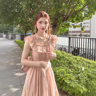 French Ruffled Small Flying Sleeve Chiffon dress Women's Spring and Summer New Korean Style Square Neck Elegant Pink Long Skirt