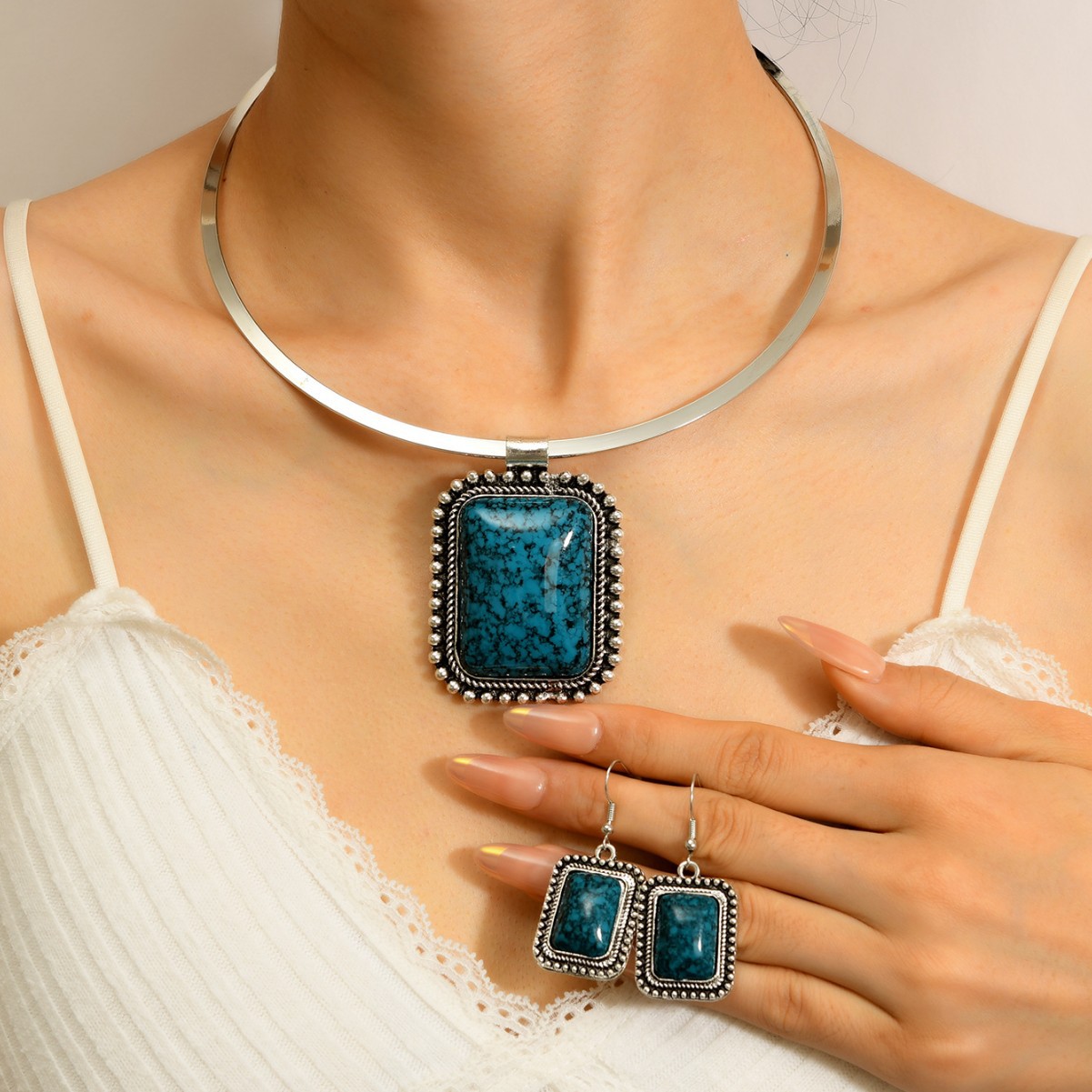 Retro Geometric Choker Necklace for Women, Antique Style Zinc Alloy Neck Chain Accessory Jewelry Set