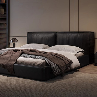 Italian minimalist real leather bed master bedroom tatami modern minimalist light luxury elegant tofu block double bed Black