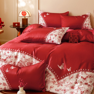 Chinese Wedding Four-piece Accompanying Printed Big Red Bed Sheet Quilt Cover Wedding Bedding High-grade Quilt