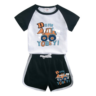 Excavator boys' summer suit 2023 new cartoon loose children's short-sleeved T-shirt shorts boys' two-piece suit