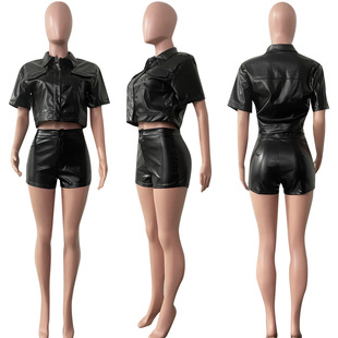 5562 cross-border women's summer new PU leather stitching button tight pants suit leather shorts two-piece set