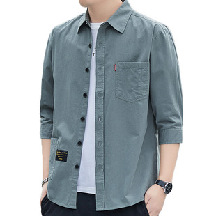 Men's High-grade Shirt 7-point Sleeve T-shirt Coat Pure Cotton Summer Loose Tooling Solid Color Shirt Hong Kong-style Casual