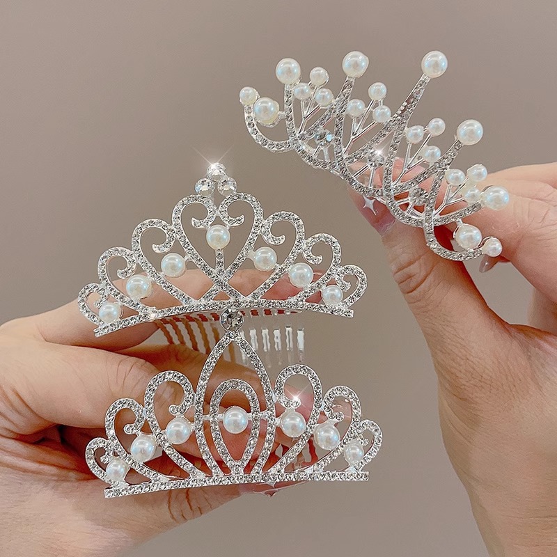 Children's Pearl Rhinestone Crown Hairpin for Girls 2025 New Exquisite Hair Comb Little Princess Birthday Performance Hair Accessory