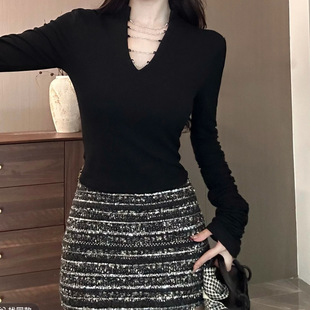 Woo Autumn V-neck Chain Detachable Slim-fit Slim-fit Long-sleeved Top