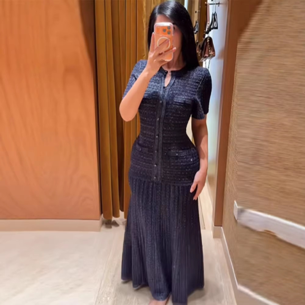 S brand 2026 spring new elegant and classy socialite round-neck short-sleeve waist-cinching rhinestone embellished slim-fit long dress for women