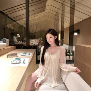 kubiliv Delicate Fumei Heavy Industries Pearl Sequins Pleated Backless Chiffon Shirt Lace-up Pure Desire Top