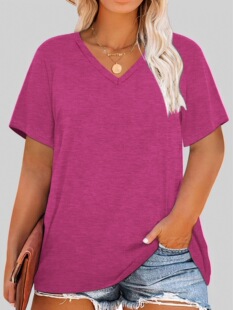 Cross-border Foreign Trade plus size Clothing European and American Casual V-neck Pullover Women's T-shirt Single Piece Stamping Plus Size Women's Clothing
