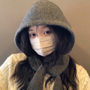 Big head circumference balaclava hat women's autumn and winter new knitted hooded scarf one-piece warm ear protection wool hat