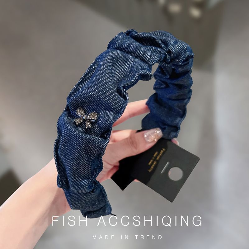 Korean Denim Pleated Wide-Brimmed Headband for Women 2025 New Daily Wear High-Top Headband Women's Hairpin Headwear