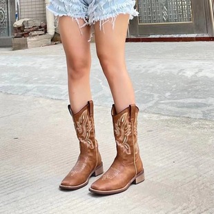 Western Cowboy Boots Vintage Embroidered Knight Boots Women's 2024 New He Sui Same Style V Mouth Boots Long Boots