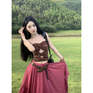 West Sichuan Travel Photograph Bohemian Atmosphere Dopamine Sweet Hollow Top Half Skirt Two-piece Set