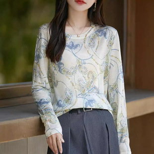 2024 New Water Soluble Wool Knitwear Women's Round Neck Printed Loose Pullover Sweater Thin Top Base Shirt for Women
