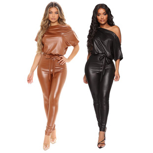 European and American Women's New Amazon Stretch Sexy Fashion PU Leather Pants Tight Waist Slant Shoulder Lace-up Jumpsuit