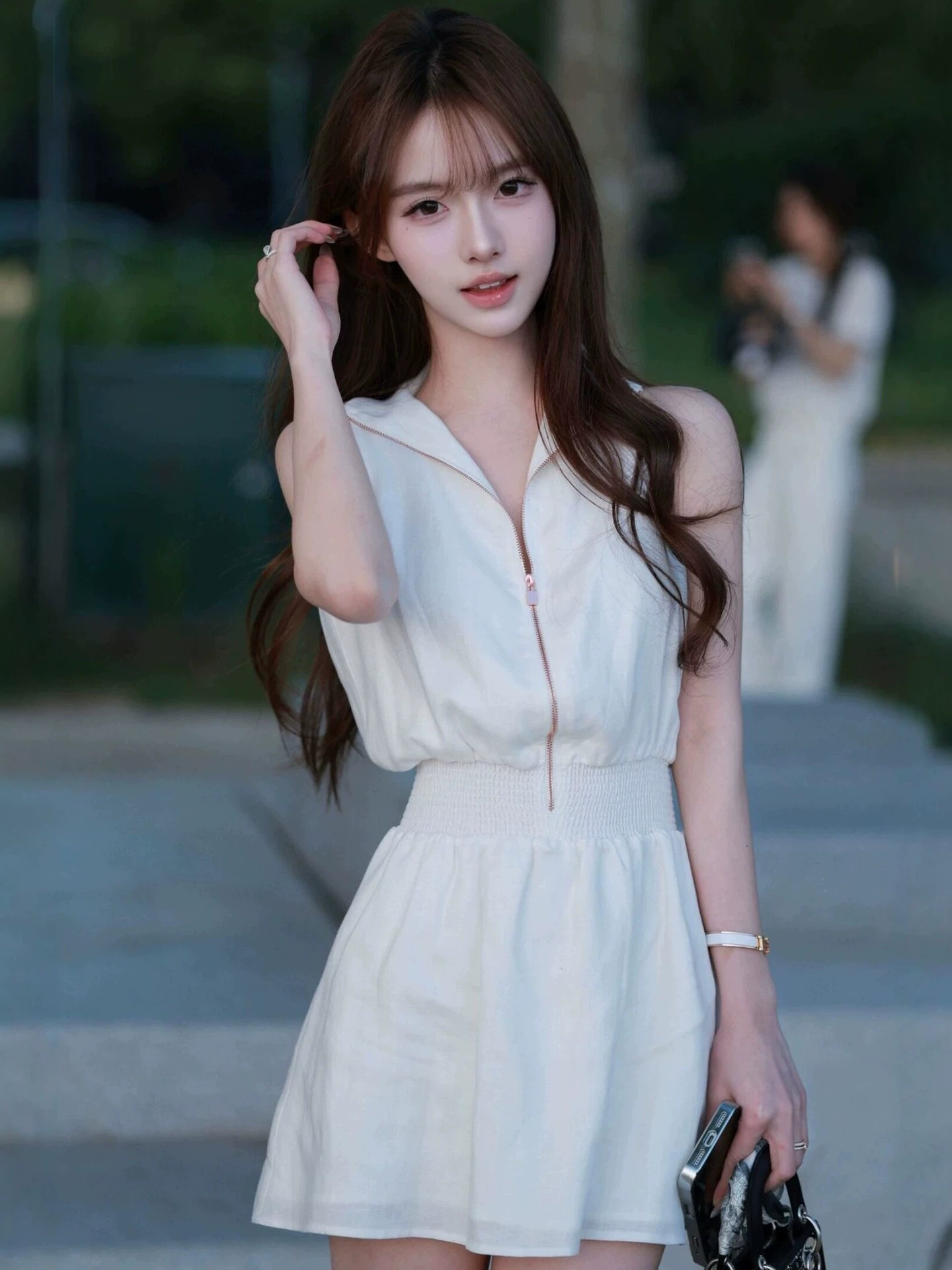 Soft~Na Ultra-Niche Old Money Style Cherry Pink/White Imported Ym Two-Piece Set D-Style Rose Gold Zipper Dress