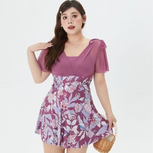 Plus size swimsuit women's one-piece slightly fat fashion French temperament printed skirt conservative slimming waist-tight hot spring swimsuit