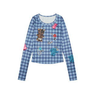 American Style Retro Slim Fit T-Shirt Women's Early Autumn New Plaid Printed Base Long Sleeve vintage Spice Girl Short Top