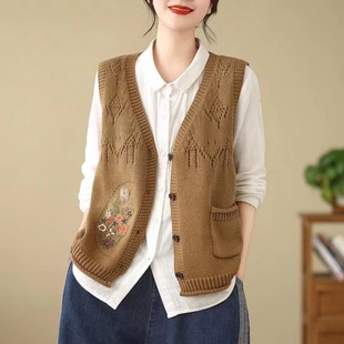 2024 Spring New Embroidered Cotton Vest V-neck Sleeveless Hollow Retro Loose Women's Cardigan Outerwear
