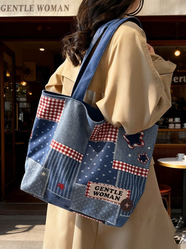 High-end, trendy leopard print denim tote bag, large capacity, commuter bag, European style, casual and relaxed, student bag for school.