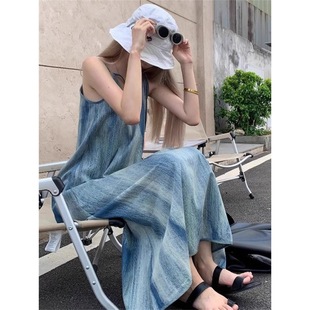 American Style Retro Sling dress Women's Summer Spotted Denim Blue Niche Loose Long Dress
