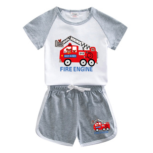 Engineering Vehicle Printed Boys Summer Suit 2023 New Children's Cotton Short-sleeved Shorts Casual Thin Two-piece Set