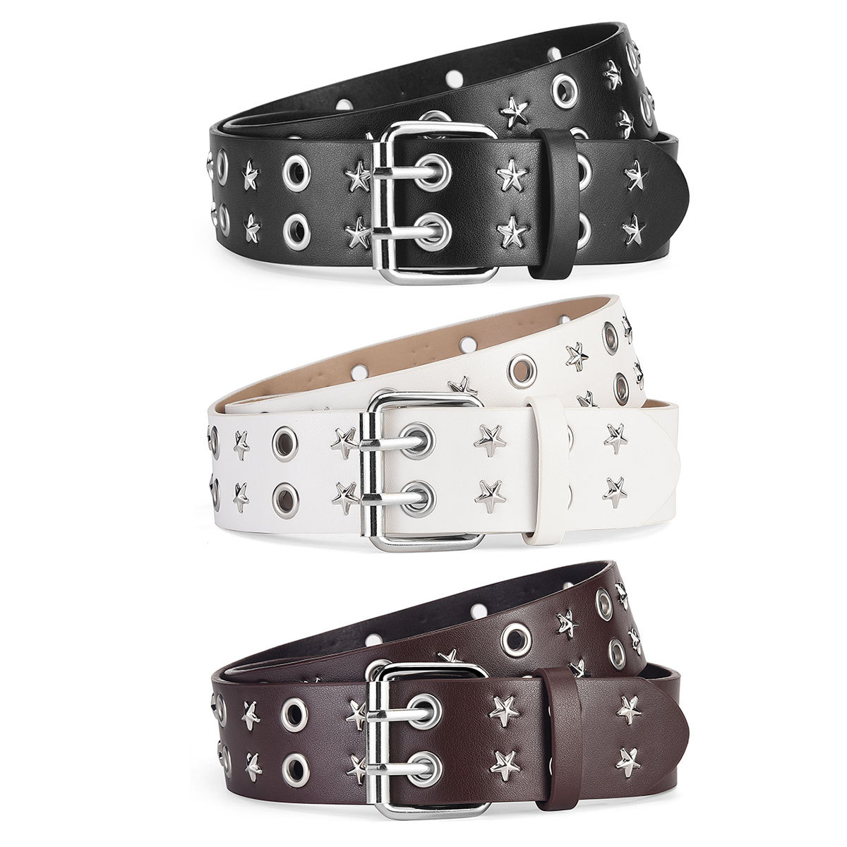 European and American Cross-Border Style Eyelet Belt Versatile Men's Leather Belt New Punk Double-Row Pin Buckle Belt Denim Five-Star Belt