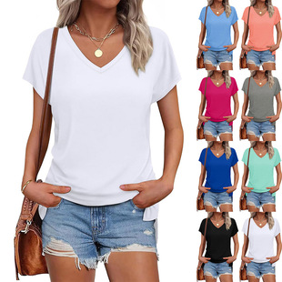 2025 Amazon Explosions Summer European and American New Women's Solid Color V-Neck Short Sleeve Split Women's T-Shirt Cross-border Foreign Trade