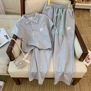 Foreign Trade Internet Popular Casual Sports suit Women's Summer Polo Collar Short-sleeved Short Top Wide-leg Pants Two-piece Set