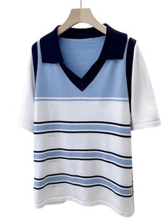 plus size Women's 2025 New Contrast Striped Fake Two-piece Top Fat Sister College Style Loose Short-sleeved T-shirt for Women