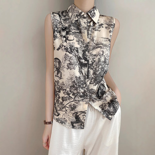 New Summer National Style Polo Collar Sleeveless Shirt Ink Printed Top Women's Thin Inner T-Shirt Base Shirt Cardigan